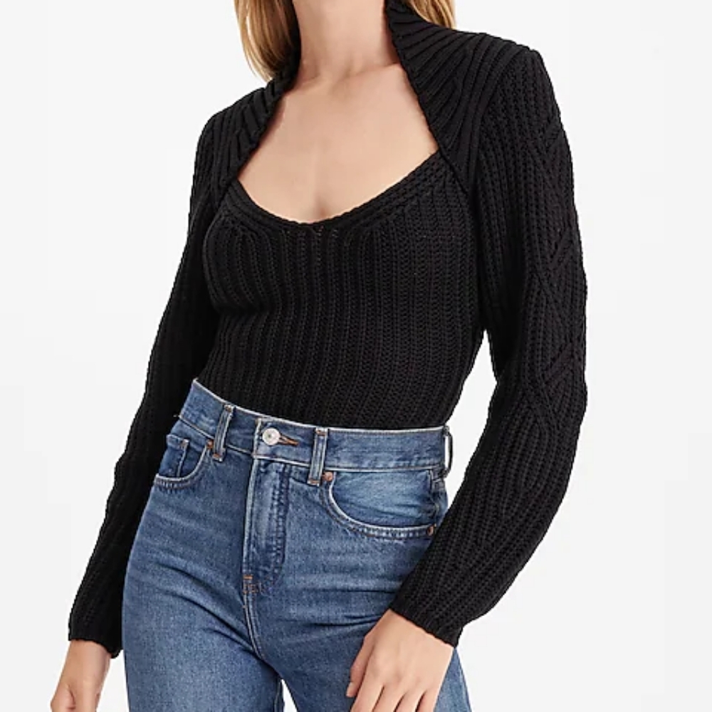 NEW Express Ribbed Scoop Neck Long Sleeve Sweater in Black - Picture 2 of 11